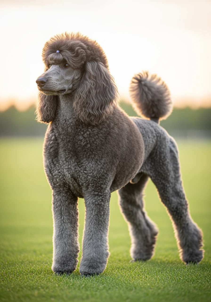 Caniche gris-bleu champion en position d'exposition