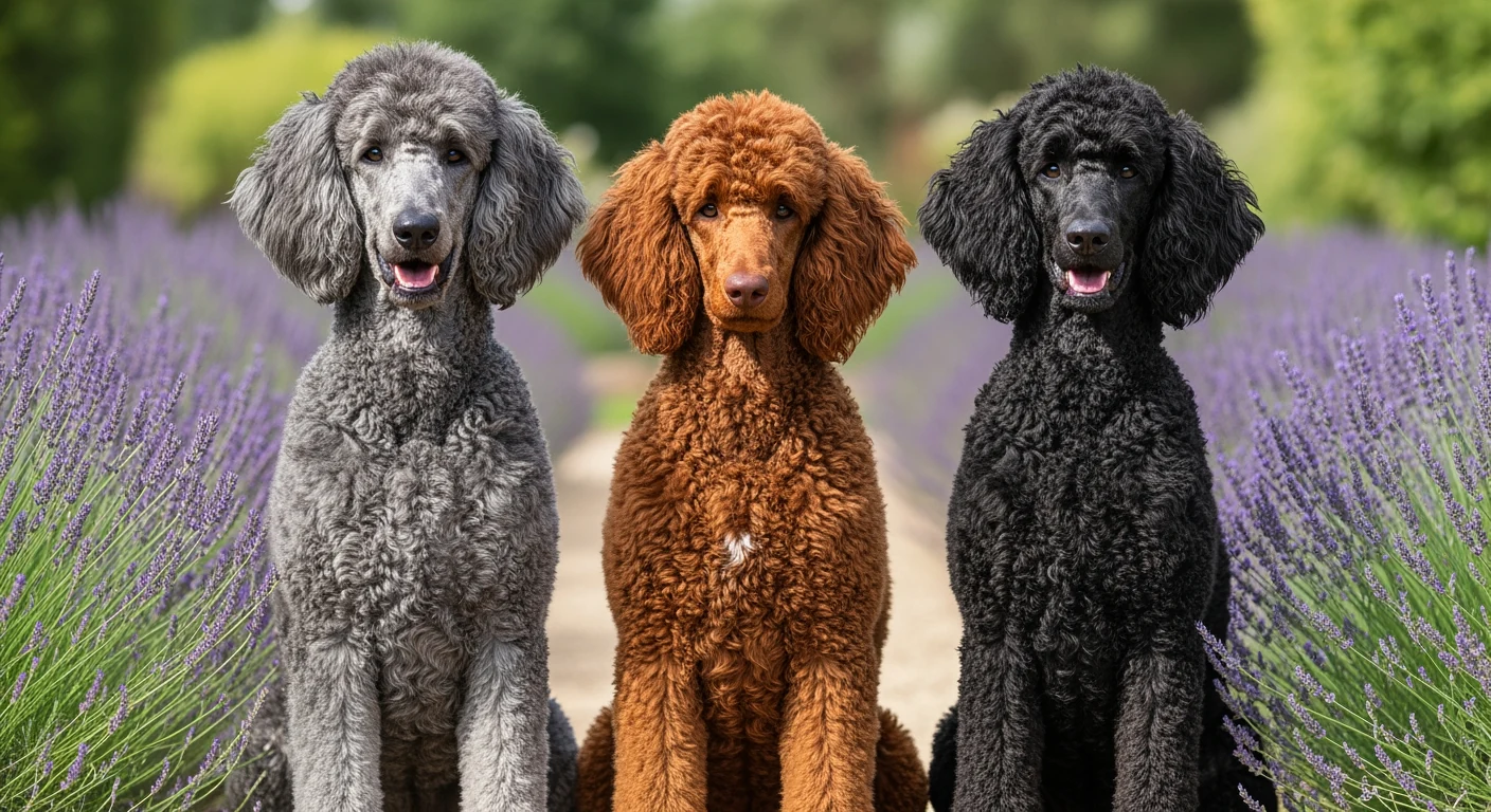 Trois caniches de couleurs differentes dans un jardin ensoleille